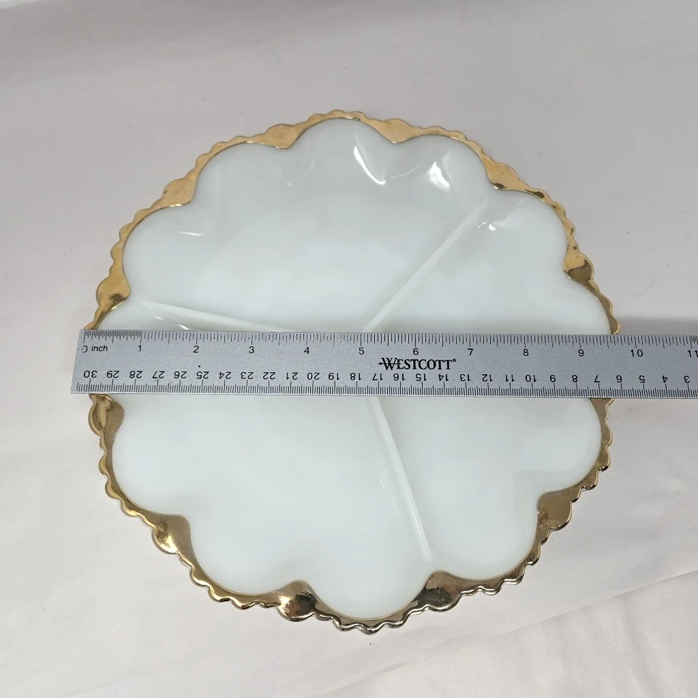 Anchor Hocking Fire-King Milk Glass-Gold Relish Cheese Cracker Dish 3 Sections